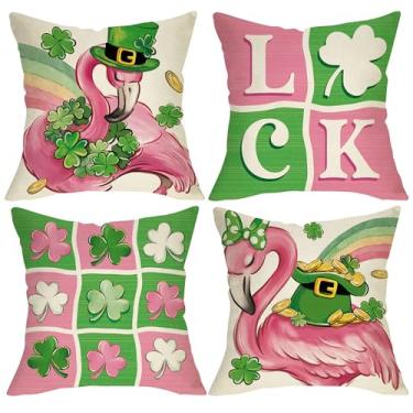 Imagem de Fjfz Capas De Almofada Decorativas Flamingo Para O Dia São Patrício, Conjunto Com 18 Unidades, Trevo Da Sorte Rosa, Decoração Varanda E Área Externa, Capa Sofá Chapéu-Coco Arco-Íris Moedas Douradas