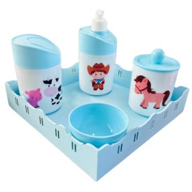 Imagem de Kit Higiene Baby Fazendinha Menino c/bandeja em MDF (Quadrada Azul/Azul)