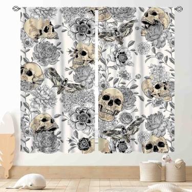 Imagem de Cortinas góticas, Boho Spooky Moody Dead Moth Black Floral Witchy Goth Mysterious Butterfly Skull Trippy Aesthetics Cortina de janela cinza para quarto, sala de estar, banheiro, 2 painéis, 107 x 114