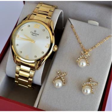 Imagem de Relogio champion feminino dourado cn25681w + kit semi joia