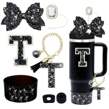 Imagem de Conjunto de acessórios de copo Stanley preto de 7 peças, decorações de iniciais para Stanley Cup 850.5 g 1,134 g, inclui cobertura de canudo de joia, tampa à prova de derramamento, pingente de alça