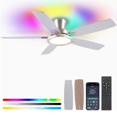 Imagem de BYKISTOK Ventilador De Teto Rgb 52" Com Luz E Controle Remoto/Aplicativo - Motor Reversível Embutido, Anel, 5 Pás Duplas, Ventiladores Perfil Baixo Para Ambientes Internos, Festas