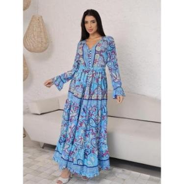 Imagem de Vestido Longo Seda com Decote V Manga Longa Feminino-Feminino