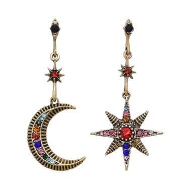 Imagem de Brincos femininos de lua e sol e estrela de lua crescente em ouro 14 quilates com pingente assimétrico e planeta, joias modernas para presente de dia dos namorados, Middle, Zinco, Cristal