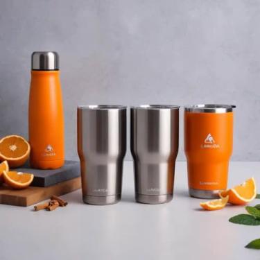 Imagem de Copo Térmico Parede Dupla em Aço Inox Laranja 350ml com Alça Ergonômica - Estilo Casual