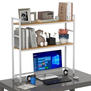 Imagem de uyoyous Estante de mesa de computador 2 camadas multiuso de madeira para mesa de computador com organizador de rack de exibição de prateleira ajustável, branca