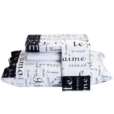 Imagem de Jogo De Lençol Te Amo Queen 4 Peças Estampado 100% Algodão Percal 150 Fios - Branco/preto