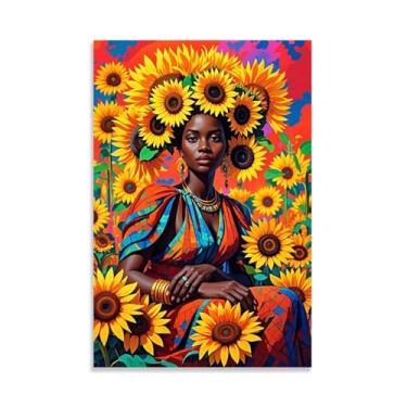 Imagem de Arte africana mulher negra cuadros pôsteres menina impressão em tela escandinava arte de parede abstrato colorido girassol decoração de imagem 30x20cm (12x8in) pôster