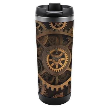 Imagem de LMNGH Copo de aço inoxidável de 590 ml com tampa, copo isolado a vácuo, engrenagens, relógio bronze centésimo, caneca de café para viagem, copo isolado de parede dupla para copo de carro reutilizável