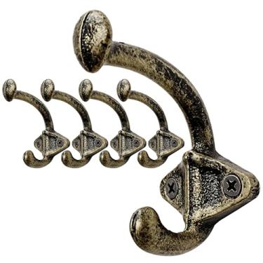 Imagem de SKOLOO Ganchos de parede de ferro fundido dourado - estilo fazenda, pacote com 5, design de pendurar em dupla direção - ideal para casaco, mochila, toalha - perfeito para entrada, sala de lama, área