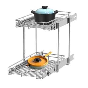Imagem de DINDON Organizador de armário de 2 camadas (28 cm L x 45 cm D) Prateleira de gaveta deslizante de metal resistente, prateleiras de puxar de duas camadas para armários de cozinha, despensa, banheiro