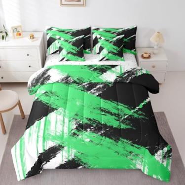 Imagem de jejeloiu Conjunto de edredom de arte abstrata com lençol de solteiro, moderno, geométrico, para meninos, meninas, adolescentes, branco, preto e verde, para decoração de quarto