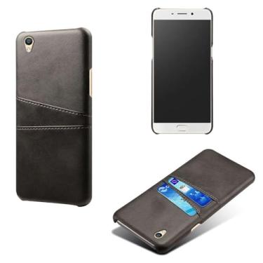 Imagem de Capas Compatível com OPPO R9,Caso de couro PU-Tampa de telefone a prova de choque com 2 slots de cartão,Proteção anti-impressão digital e anti-gota-Black