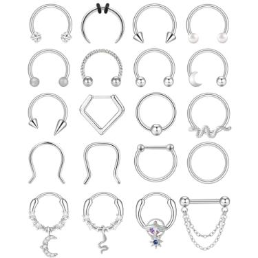 Imagem de ONESING 20 anéis de septo de aço cirúrgico 16G, joia hipoalergênica, ferradura, hélice, daith, tragus, cartilagem, argola, piercing de septo, para mulheres e homens, 10 mm, preto/prata/dourado, 16G
