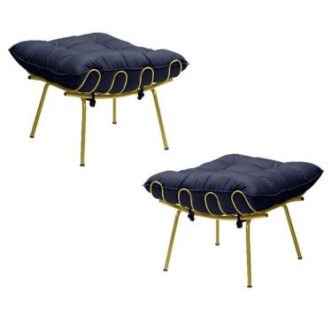 Imagem de Kit 2 Puff Sala de Estar Abel Pés Dourado Veludo Azul