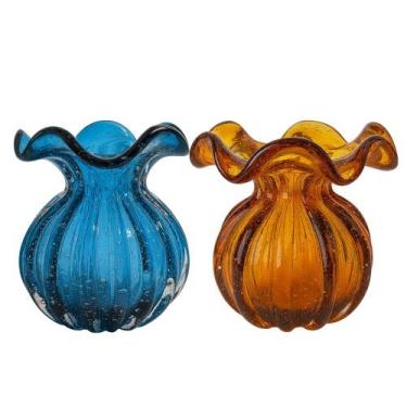 Imagem de Kit 2 Vaso Vidro Murano Trouxinha Flor Plantas Arranjos Azul e Âmbar 1
