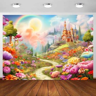 Imagem de Pano de fundo de castelo de conto de fadas 1,5 x 0,9 m, pano de fundo com tema de princesa de conto de fadas mágico, decoração de estúdio de festa de aniversário para meninas