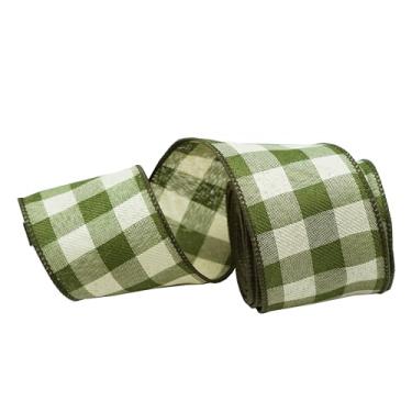 Imagem de Fita xadrez com fio preta e de serapilheira, fita de tecido xadrez para artesanato DIY, laços de guirlanda, decoração de casa de Natal (verde e bege)