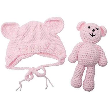 Imagem de canjoyn Adereços Para Sessão De Fotos Bebês Recém-Nascidos, Meninos E Meninas, Gorro Crochê, Urso, Com Bonecas, Fotografia Rosa Claro