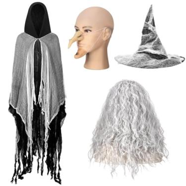 Imagem de Hicarer 6 Pcs Halloween Hooded Cloak with White Tulle Old Witch Costume Set Includes Spider Web Witch Hat Gray Wig and Adjustable Nose Chin Medieval Halloween Wizard Cape Grim Reaper Cosplay for Adult