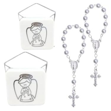 Imagem de Kit para Mimos e Lembrancinhas de Batizado 12 Caixa Anjo Prata 12 Tercinhos Dezenas em Pérola 5mm Bastismo