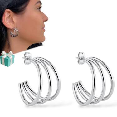 Imagem de Brinco Argola Tripla Aço inox cirúrgico Antialérgico Prata - Santo Est