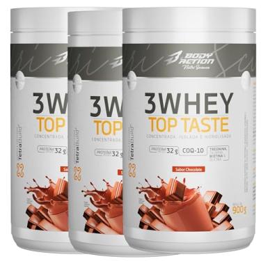 Imagem de BODYACTION - 3Whey Top Taste - Whey Protein Concentrado/Isolado/Hidrolisado - 32g de Proteína por Dose, Suplementação Alimentar Pós-Treino, Fórmula Enriquecida com BCAAs - Adoçado com Stevia - Suplemento Alimentar - Fonte de Proteínas e Carboidratos - Kit 3un - Pote 900g (3 Potes - 900g, Chocolate)