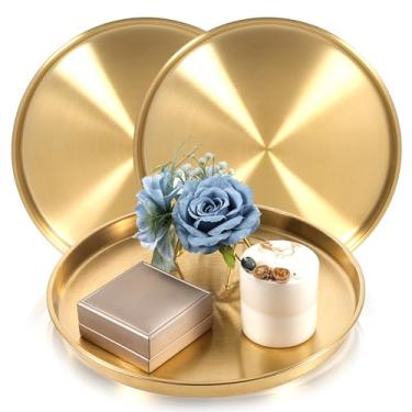 Imagem de Xthrotsenk Bandeja de servir redonda dourada de 3 cm, pacote com 3 bandejas de mesa de centro de aço inoxidável, bandeja decorativa moderna para mesa de café, bar, vaidade, banheiro, vela para