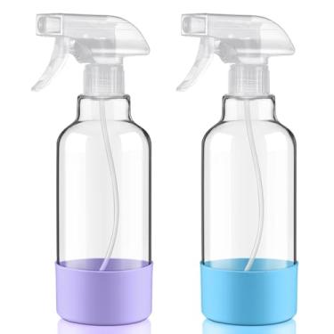 Imagem de Hethyo Frascos de spray de vidro com manga de silicone de 500 ml, pacote com 2 frascos de spray vazios para névoa de cabelo/spray para soluções de limpeza, plantas, óleos essenciais (claro e roxo)