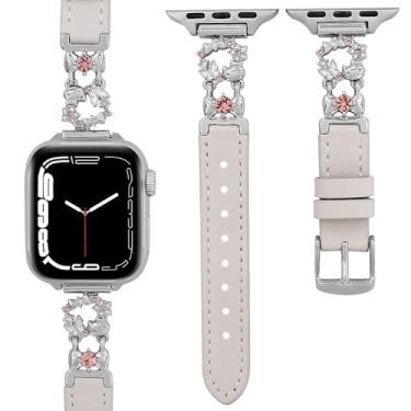 Imagem de Pulseira de couro compatível com Apple Watch séries 10 9 Ultra, SE 8 7 6 5 4 3 2 1 de 38, 40, 41, 42, 44, 46/49 mm, fina e elegante (Starlight + prata, 41 mm/40 mm/38 mm/42 mm (série 10))