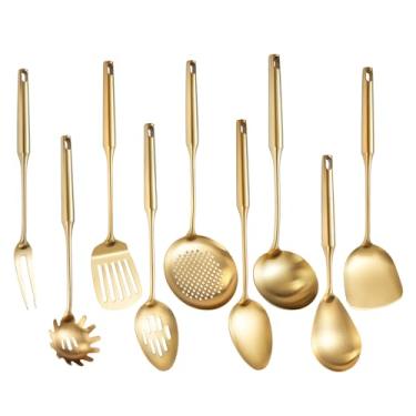 Imagem de NIITAWH Conjunto de utensílios de cozinha dourados, aço inoxidável 18/10, 9 peças, conjunto de utensílios de cozinha de 38 cm com colher sólida e ranhurada, garfo, espátula, concha, escumadeira