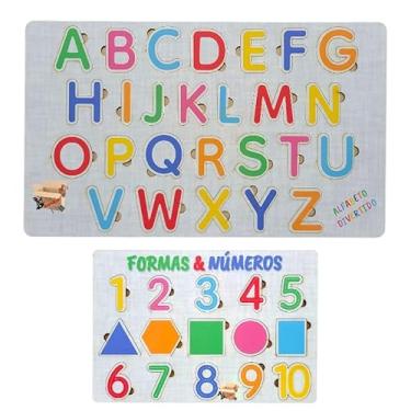 Imagem de Brinquedo Pedagógico Educativo Em Madeira Jogo Alfabeto - Números E Formas De Encaixe (Kit Alfb + Números A)