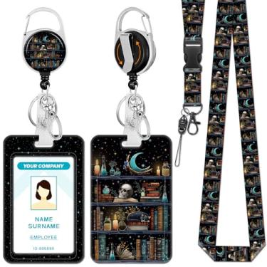 Imagem de Hancynir Cordão de estante de gato preto para crachás de identificação, suporte de crachá engraçado fofo com clipe de carretel retrátil, etiquetas de nome de trabalho, chaveiro com suporte de