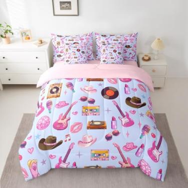 Imagem de Conjunto de cama solteiro de 7 peças, guitarra rosa, gato, vaqueira, ocidental, moderno, feminino, com edredom, fronhas e capa de almofada