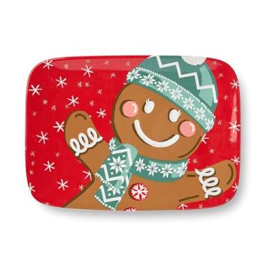 Imagem de Prato retangular de cerâmica Christmas Whimsy Gingerbread 35,5 cm x 25,4 cm – Bandeja festiva de Natal com design de pão de gengibre sorridente, flocos de neve e fundo vermelho – Pode ir à lava-louças
