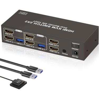 Imagem de Interruptor HDMI KVM 2 monitores 2 computadores 4K 60Hz Dual Monitor HDMI USB3.0 Switcher para 2PC ou 2Laptops Compartilhar 2 monitores e 4 portas USB, teclado, mouse, impressora, scanner, suporta