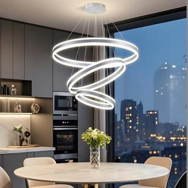 Imagem de dolria Lustres modernos de LED reguláveis para sala de jantar Lustre de teto alto com 3 anéis para sala de estar luminária pendente ajustável para hall de entrada e quarto |Prata