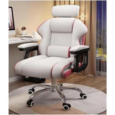 Imagem de Cadeira Executiva De Encosto Alto Cadeira De Jogos Reclinável De Couro Pu Com Cadeira De Mesa De Apoio Lombar Cadeira De Computador Com Encosto De Cabeça Ajustável, White
