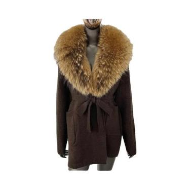 Imagem de Casaco de Pele de Raposa Verdadeira Feminino - Cardigan de Tricô com C