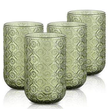 Imagem de Joeyan Copos de beber verdes vintage, copo de água floral em relevo, copo de água de 396 g bebidas coloridas suco coquetel cerveja copos de vinho, conjunto de 4, pode ser lavado na lava-louças