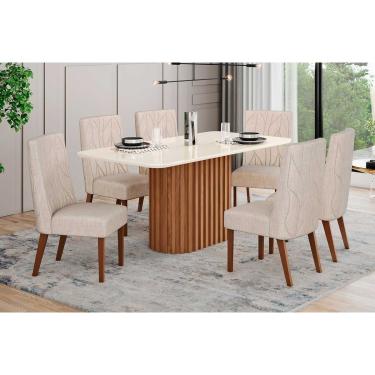 Imagem de Conjunto: Mesa de Cozinha Solana c/ Tampo Madeirado c/ Vidro Curvo 160x90cm e 6 Cadeiras Eloa Nature/Suede Light Linho - Henn