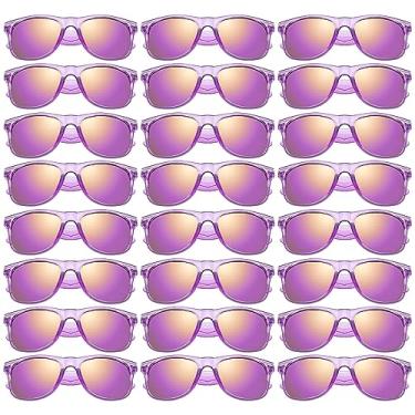 Imagem de Pacote com 24 óculos de sol de festa neon dos anos 80, conjunto divertido de óculos de sol espelhados com armação roxa transparente para mulheres e homens