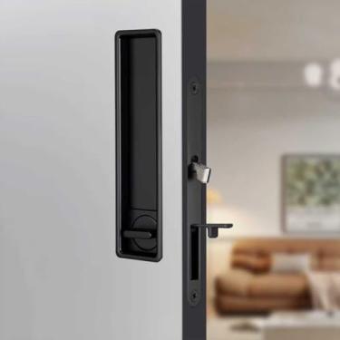 Imagem de Fechadura de porta de bolso com puxador, trava de alça embutida, fechadura de porta deslizante invisível para quarto, cozinha, porta de celeiro (preto retangular)