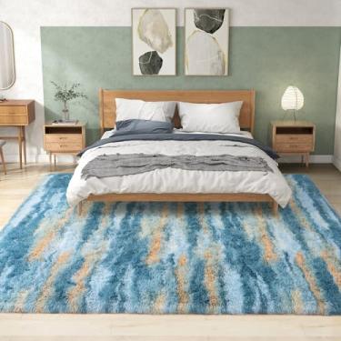 Imagem de Ailyei Tapete felpudo para sala de estar, 12 x 18 cm, azul abstrato, ultramacio, luxuoso, para quarto de bebê, tapete de pelúcia moderno e fofo para quarto, dormitório, decoração de casa, atualização