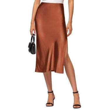 Imagem de Saia midi VividHarbor de cetim de cintura alta, elástica, marrom, femi
