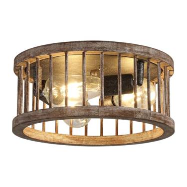Imagem de wochos Luminária de teto com montagem embutida Farmhouse, 30 cm, 3 luzes de metal e madeira perto do teto, luminária de teto semi de tambor rústico para cozinha, corredor, sala de jantar