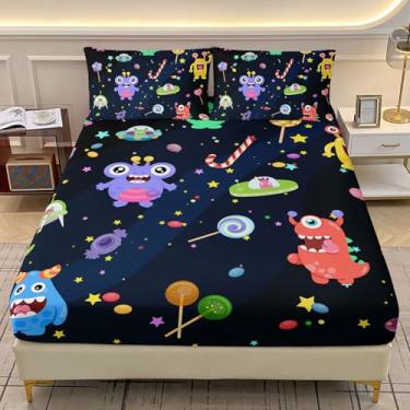 Imagem de AILONEN Jogo de cama infantil casal de monstros fofos, desenho animado de alienígenas e naves espaciais com 2 fronhas, jogo de lençol macio para festa de doces de 3 peças