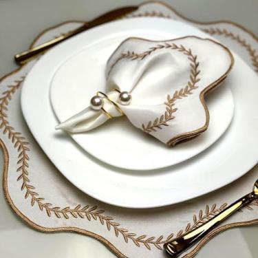 Imagem de Kit Jogo Americano Sousplat Bordado Suplat de Mesa Posta Redondo/Retangular e Guardanapos (Paris Marfim, Mesa 2 Lugares (4 Peças))