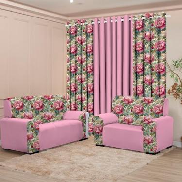 Imagem de Kit Sala com Cortina + Capas de Sofá 2 e 3 Lugares Coladinha Mista (HARMONIA ROSA)