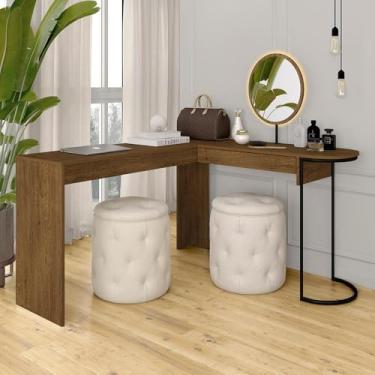 Imagem de Camarim Em L Industrial Com Led E Espelho Oval Mavi Fre/pto Fosc - M.a Freijó/preto Fosco